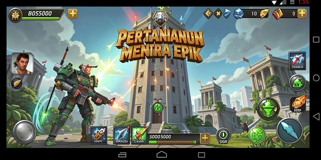 Tangkapan layar gameplay BOS5000 menampilkan pertahanan menara yang dinamis.