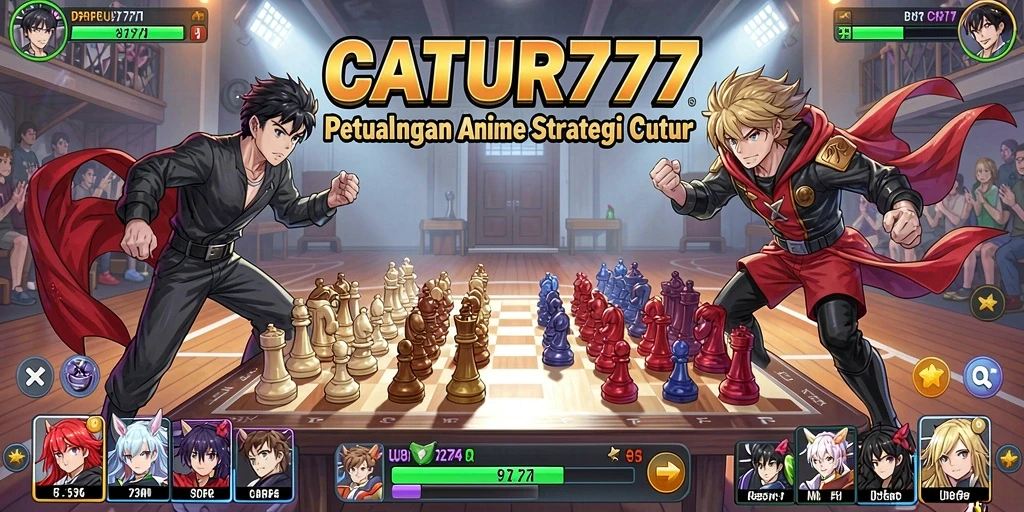 Gameplay <strong>CATUR777</strong> menampilkan istilah strategi catur yang dipadukan dengan karakter anime.