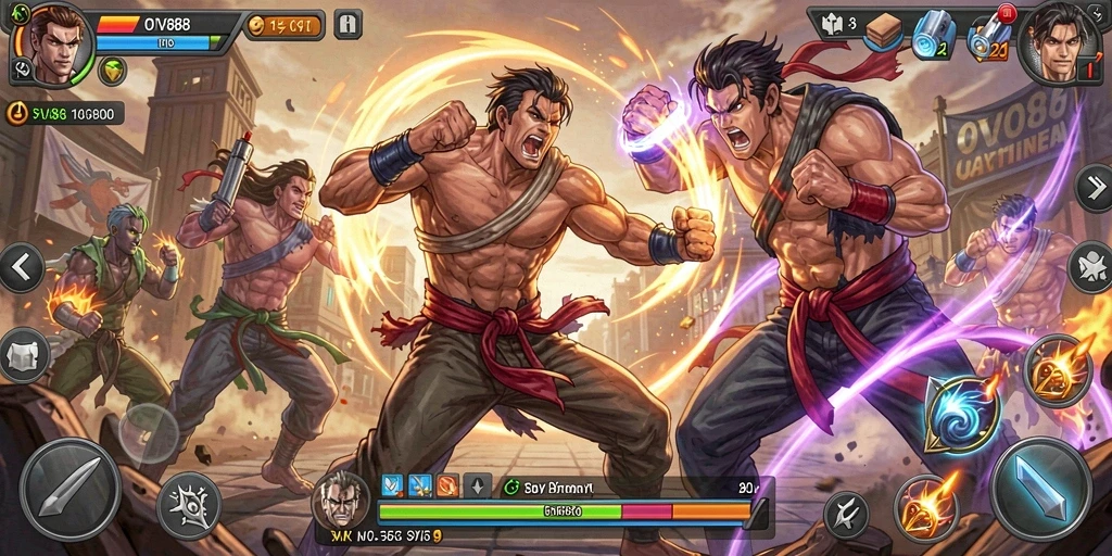Gameplay OVO88 menampilkan pertarungan epik dan karakter yang beragam.